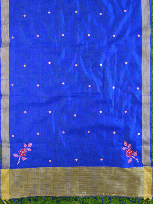 Banarasee Hand-Embroidery Chanderi Cotton Salwar Kameez Fabric With Art Silk Dupatta-Peach & Blue