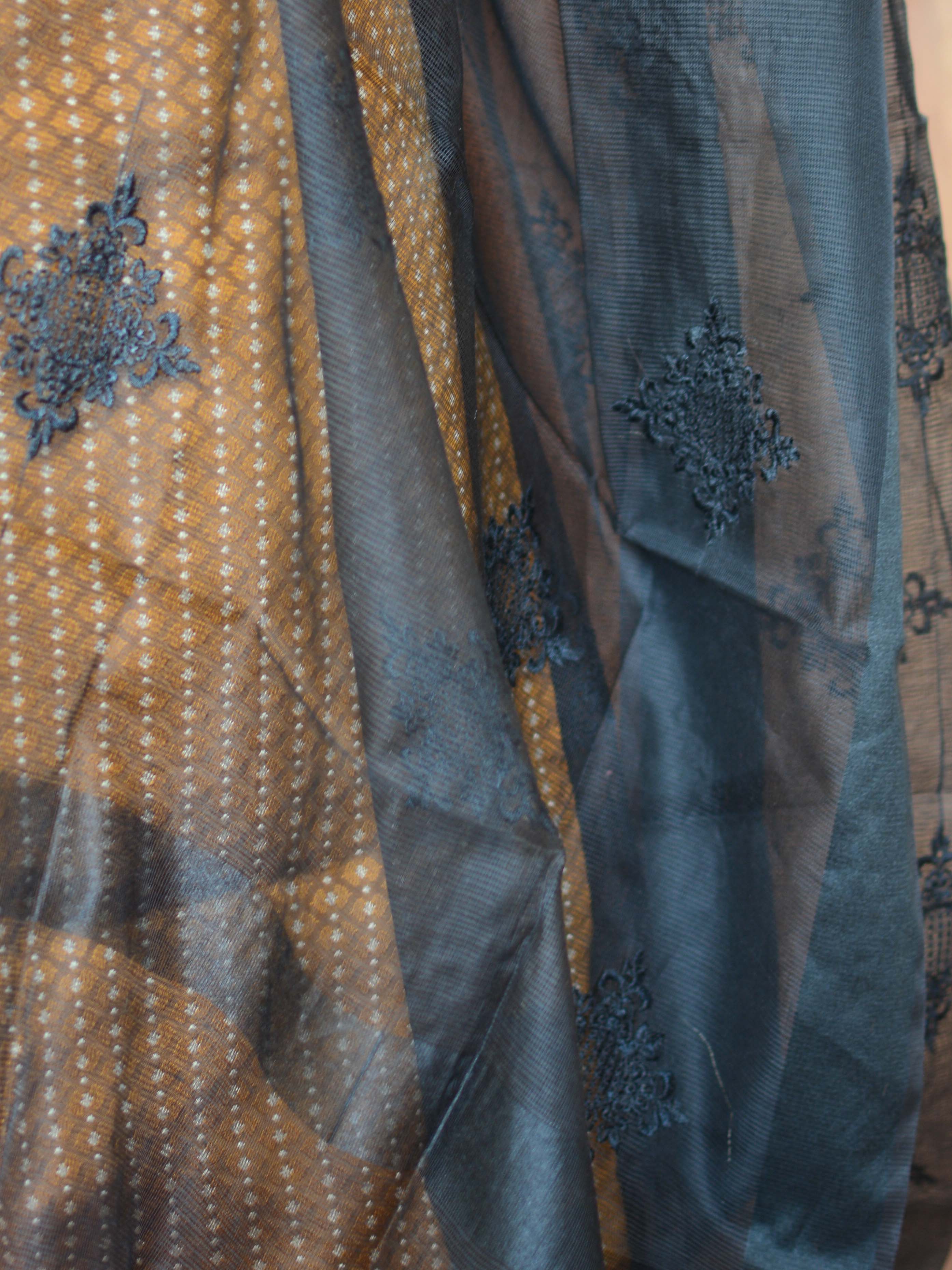 Banarasee Brocade Salwar Kameez Fabric With Organza Dupatta-Black & Mustard Yellow