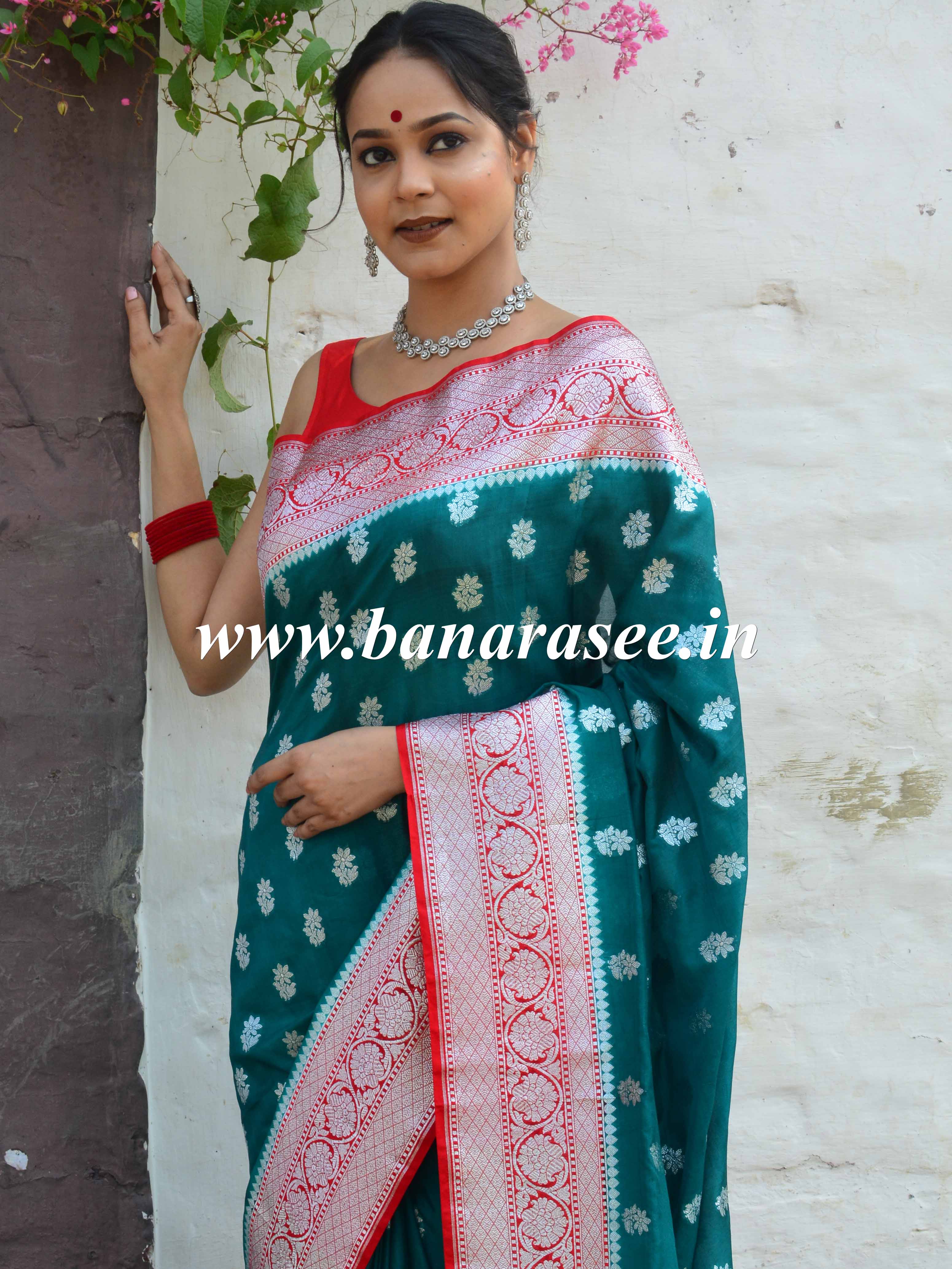 Banarasee Handwoven Faux Georgette Saree With Silver Zari Buti & Contrast Border Design-Green & Red