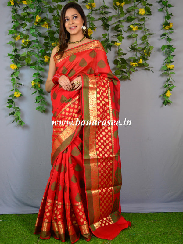 Banarasee Cotton Mix Saree With Zari & Resham Design-Red