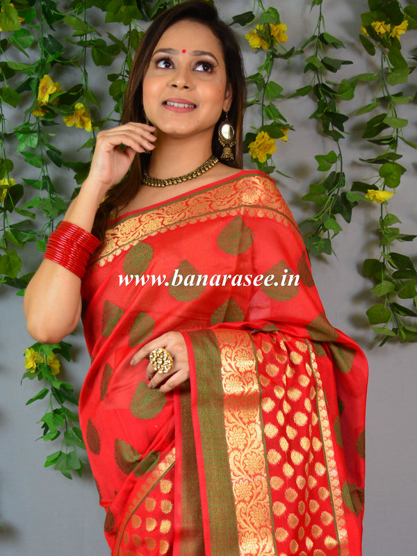 Banarasee Cotton Mix Saree With Zari & Resham Design-Red