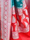 Banarasee Handwoven Faux Georgette Saree With Silver Zari Buti & Contrast Border Design-Green & Red