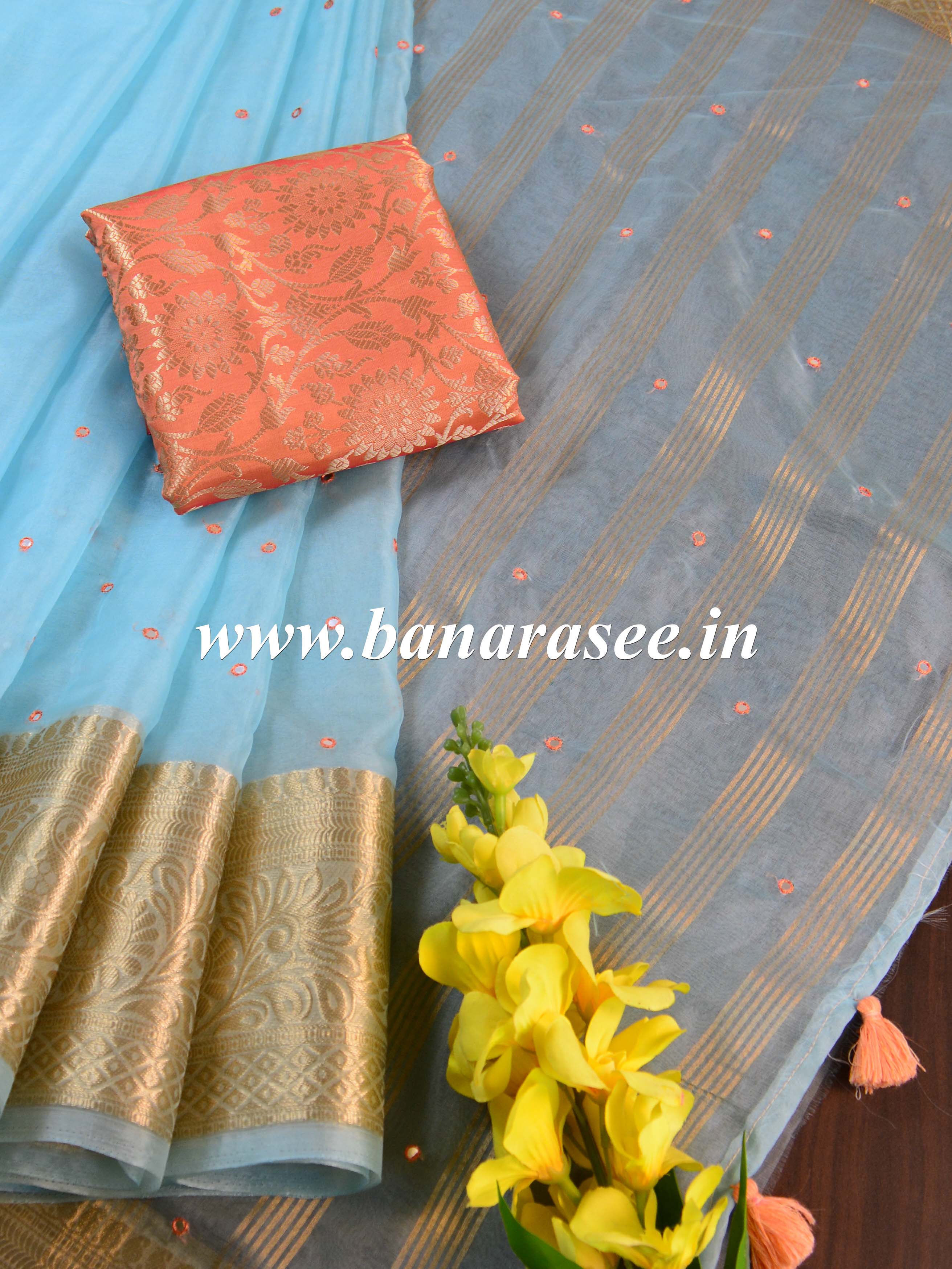 Banarasee Hand-Embroidered Mirror Work Organza Saree With Contrast Blouse-Pastel Blue