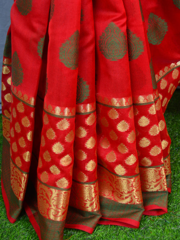 Banarasee Cotton Mix Saree With Zari & Resham Design-Red
