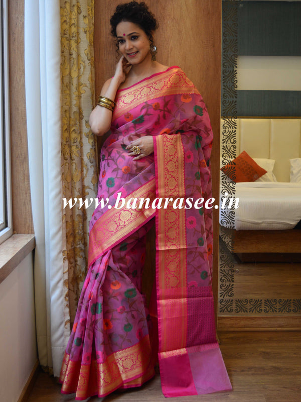 Banarasee Organza Mix Saree With Jaal Design & Floral Border-Pink