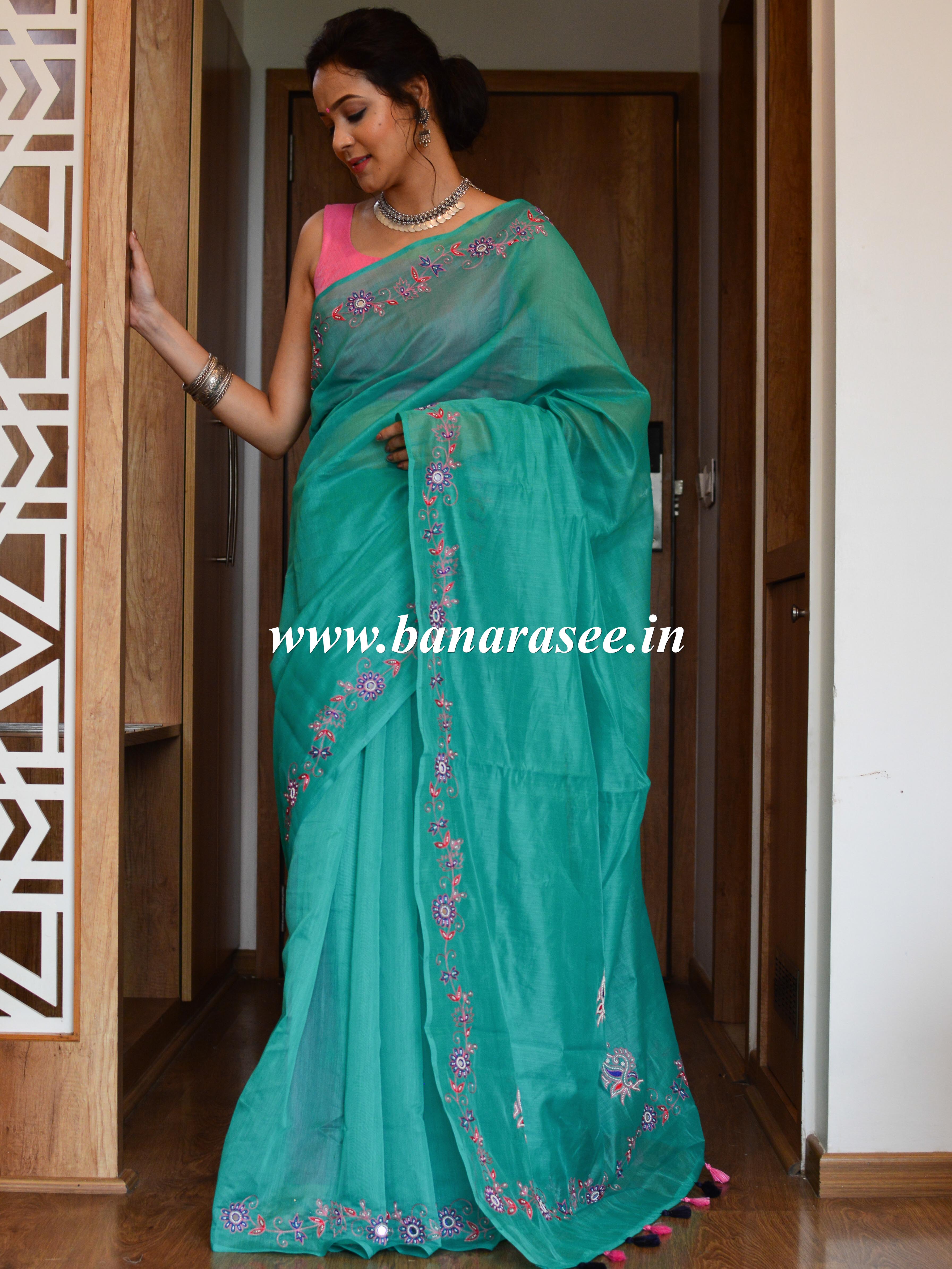 Banarasee Chanderi Cotton Hand-Embroidered Saree-Green