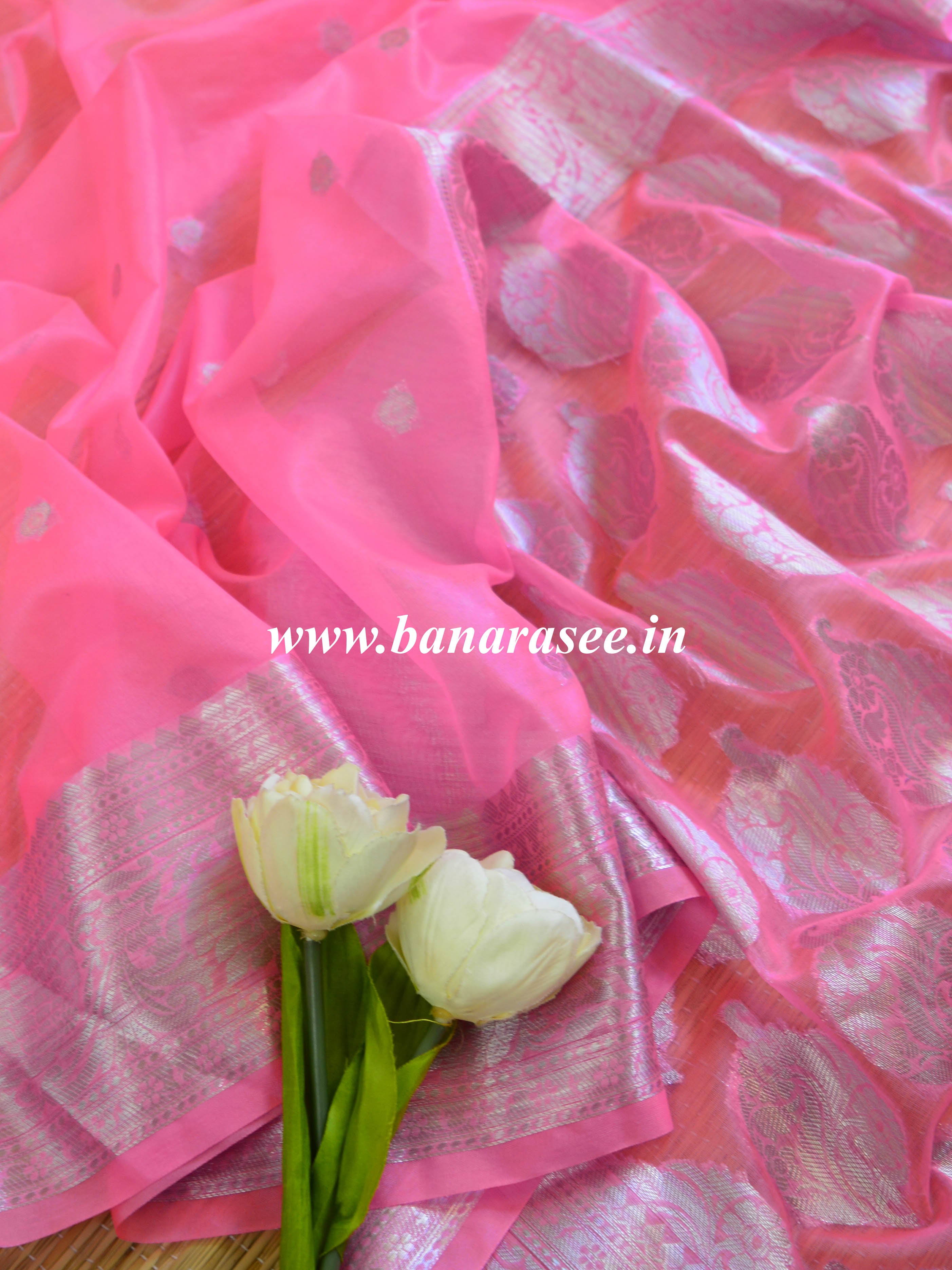 Banarasee Organza Mix Saree With Silver Zari-Neon Pink