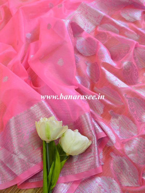 Banarasee Organza Mix Saree With Silver Zari-Neon Pink