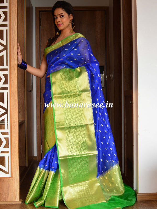 Banarasee Organza Mix Saree With small buti Design & Broad skirt Border-Blue & Green