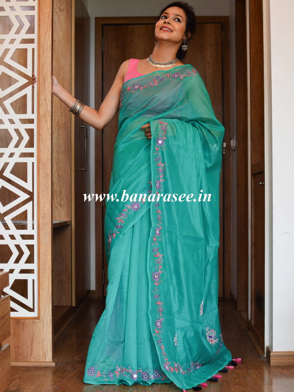 Banarasee Chanderi Cotton Hand-Embroidered Saree-Green