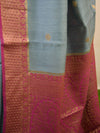 Banarasee Handwoven Pure Muga Silk Sari With Floral Border & Pallu-Gray