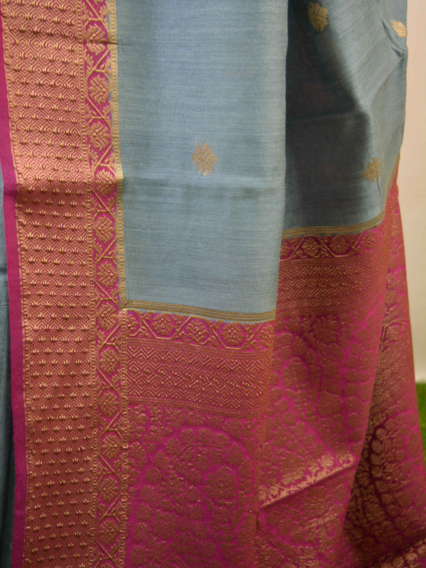 Banarasee Handwoven Pure Muga Silk Sari With Floral Border & Pallu-Gray
