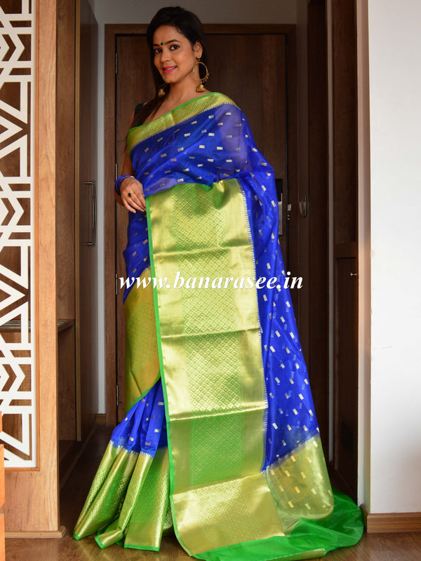 Banarasee Organza Mix Saree With small buti Design & Broad skirt Border-Blue & Green