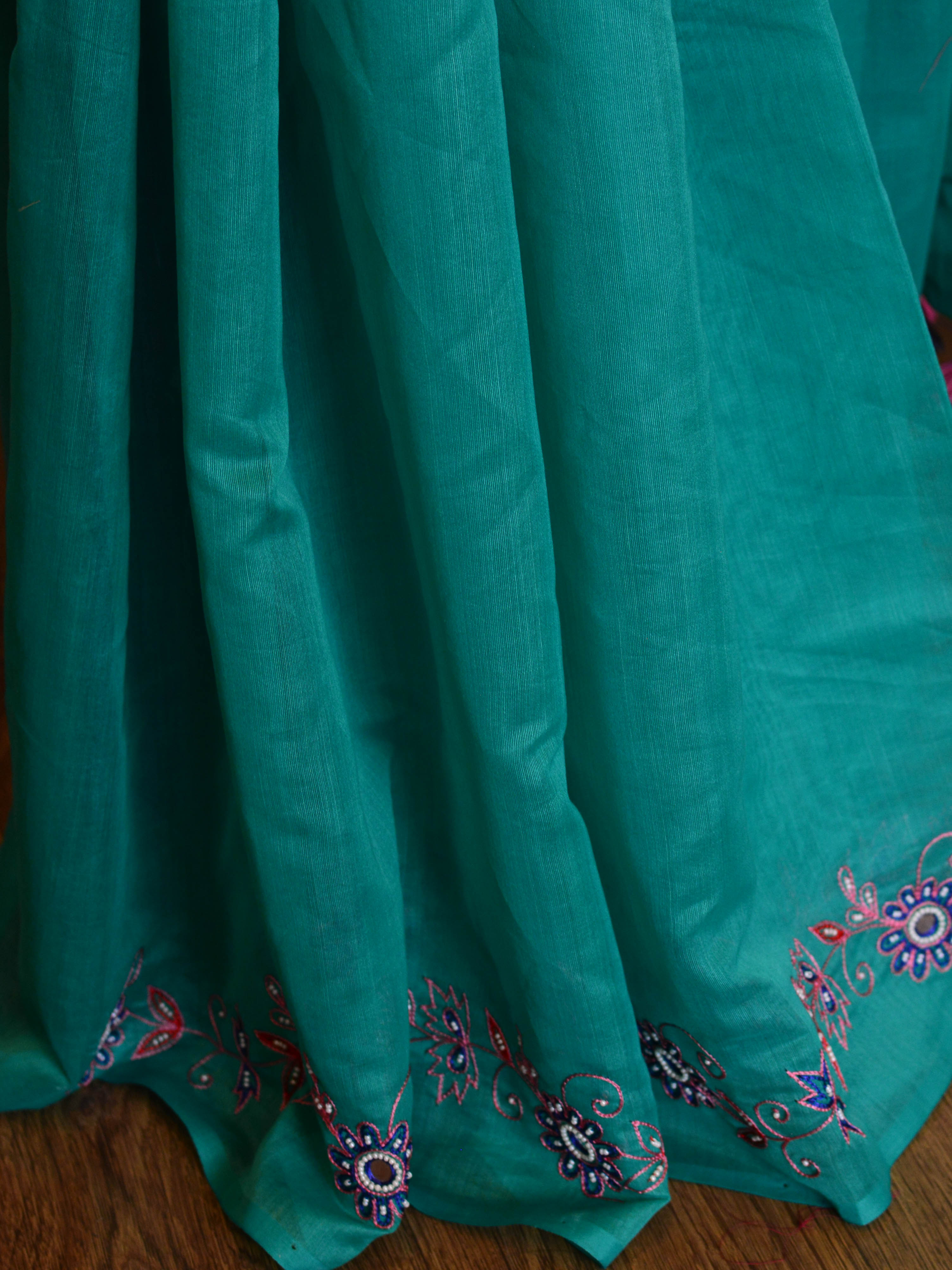 Banarasee Chanderi Cotton Hand-Embroidered Saree-Green