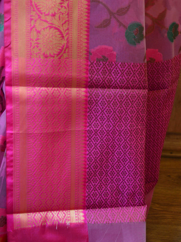 Banarasee Organza Mix Saree With Jaal Design & Floral Border-Pink
