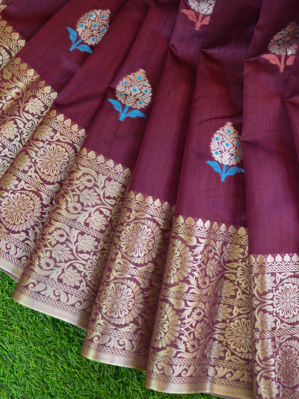 Banarasee Handwoven Cotton Silk With Silver Zari Buta & Border-Wine