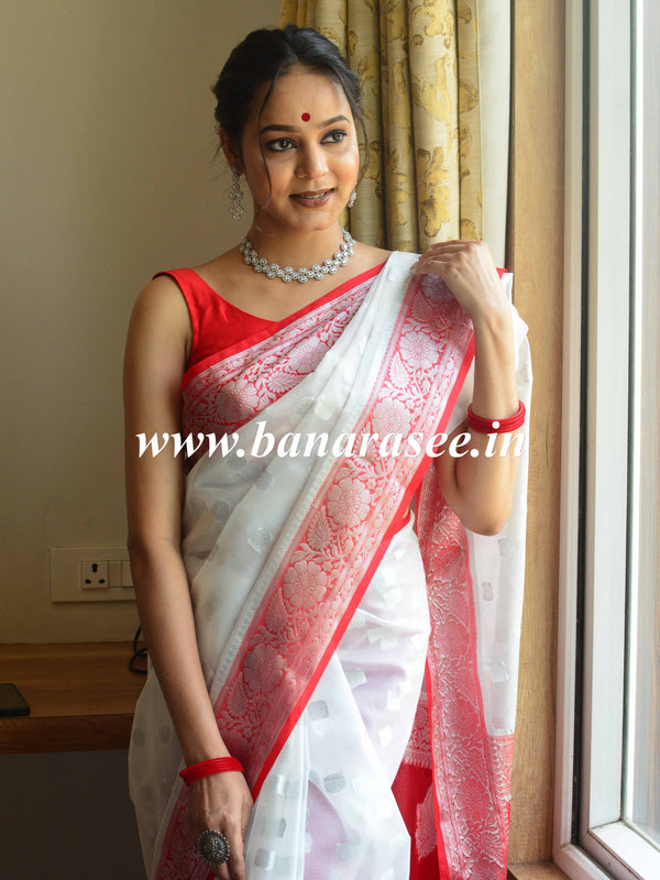 Banarasee Organza Mix Saree With Silver Zari Buta & Contrast Floral Border-White