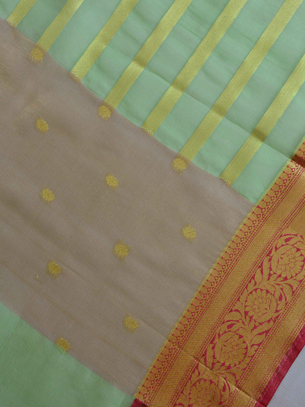 Banarasee Organza Mix Saree With Stripes Design & Zari Border-Green