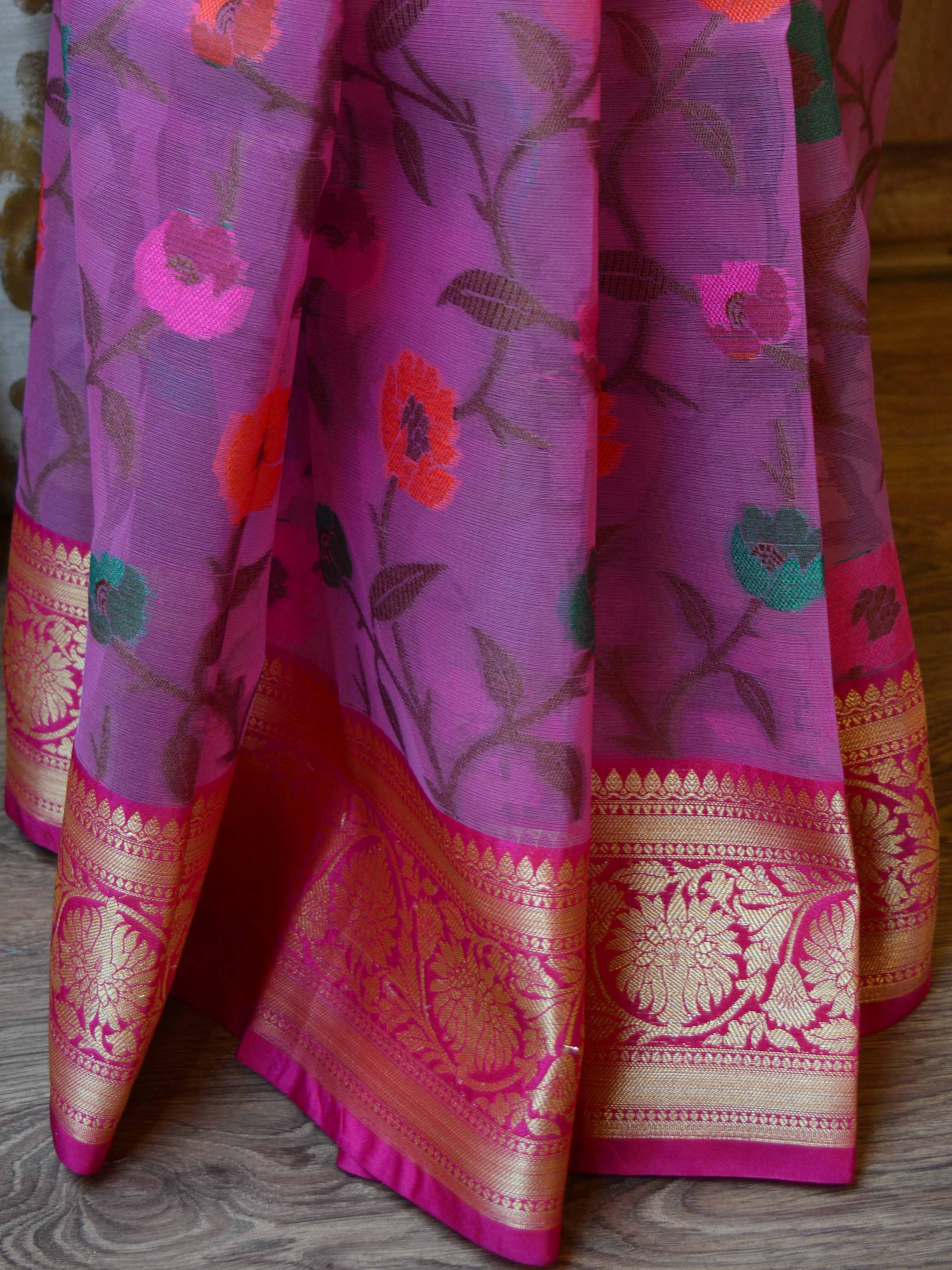 Banarasee Organza Mix Saree With Jaal Design & Floral Border-Pink