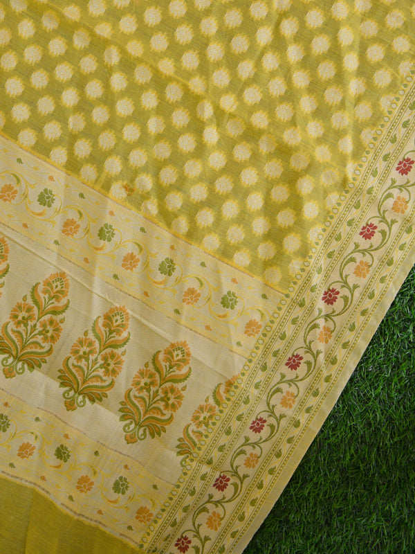 Banarasee Handloom Cotton Saree With Resham Paithani Border & Pallu-Yellow