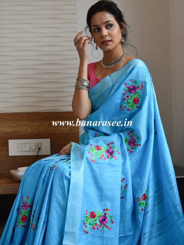 Bhagalpur Handloom Pure Linen Cotton Resham Embroidered Saree-Blue