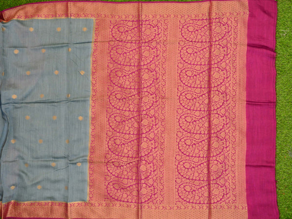 Banarasee Handwoven Pure Muga Silk Sari With Floral Border & Pallu-Gray