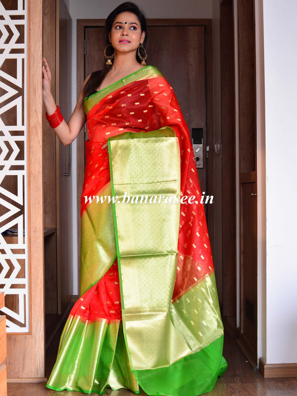 Banarasee Organza Mix Saree With small buti Design & Broad Skirt Border-Red & Green