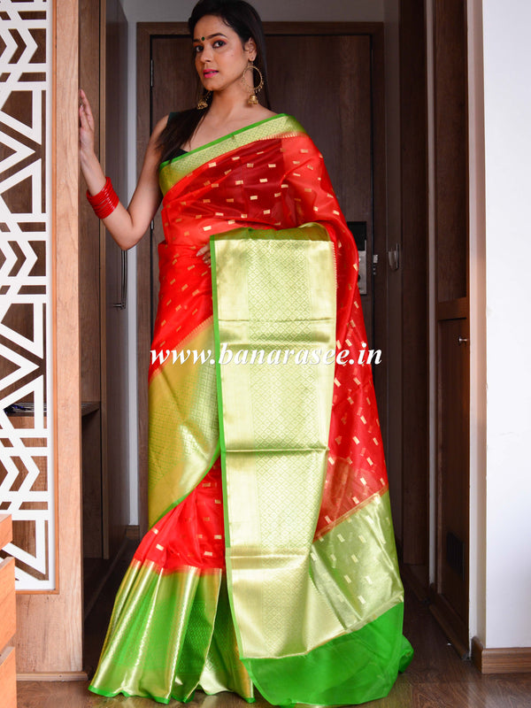 Banarasee Organza Mix Saree With small buti Design & Broad Skirt Border-Red & Green