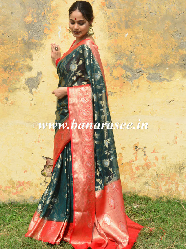 Banarasee Organza Mix Saree With Flower Jaal Design & Broad Contrast Border-Green