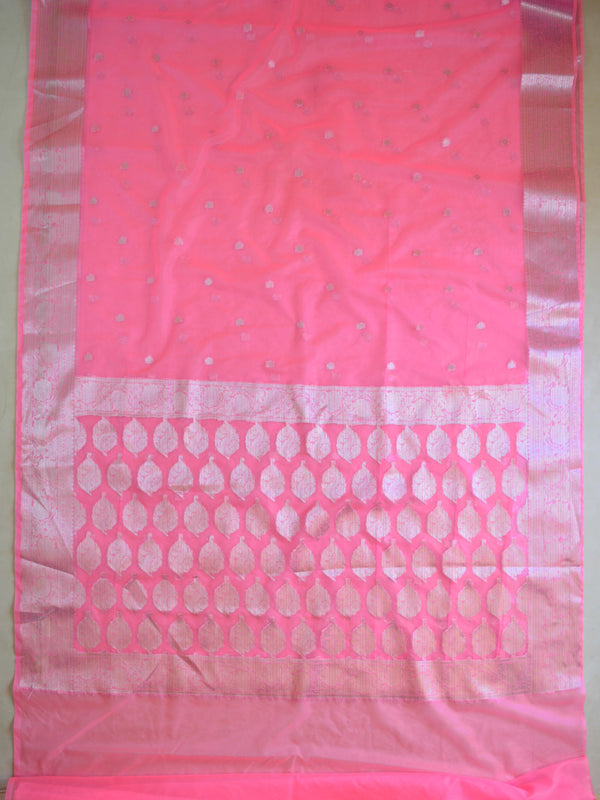 Banarasee Organza Mix Saree With Silver Zari-Neon Pink