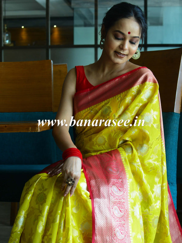 Banarasee Organza Mix Saree With Flower Jaal Design & Broad Contrast Border-Yellow