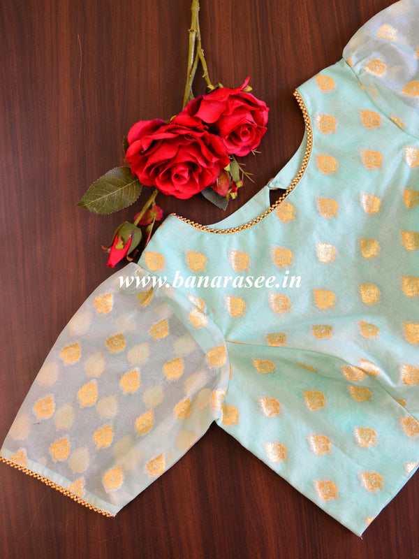 Banarasee Organza Silk Blouse With Zari Buti Design-Sea Green