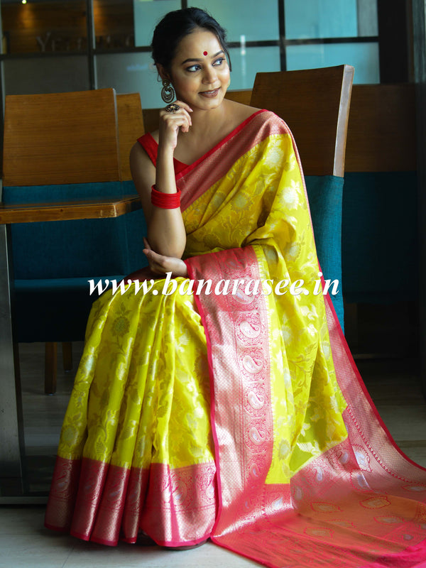 Banarasee Organza Mix Saree With Flower Jaal Design & Broad Contrast Border-Yellow