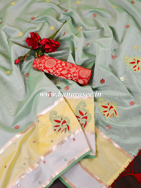 Banarasee Chanderi Cotton Hand-Embroidered Saree-Green