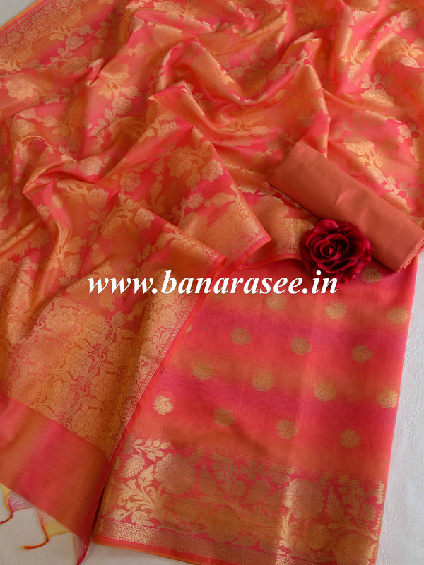 Banarasee Chanderi Cotton Stripes Salwar Kameez Fabric With Dupatta-Peach