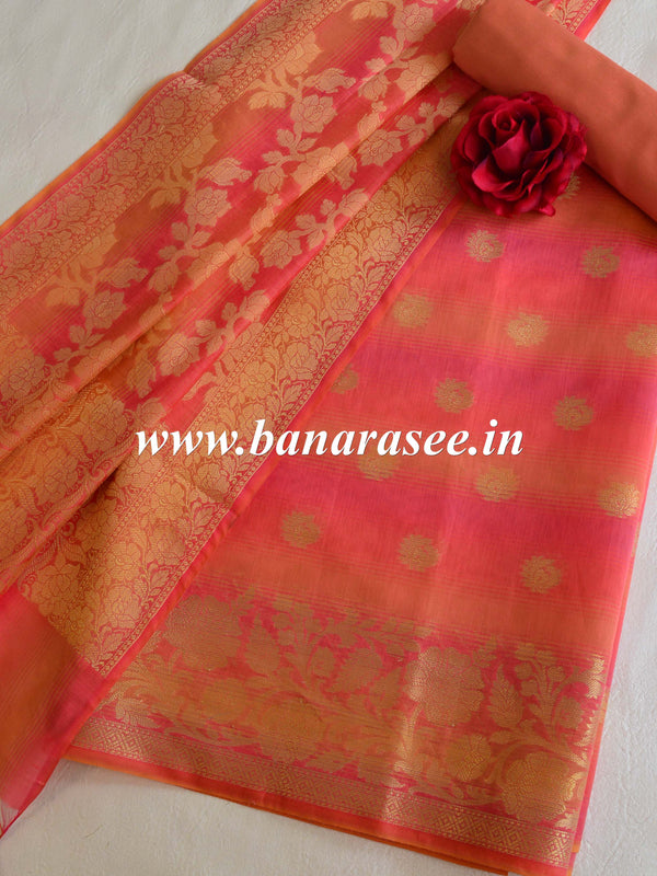 Banarasee Chanderi Cotton Stripes Salwar Kameez Fabric With Dupatta-Peach