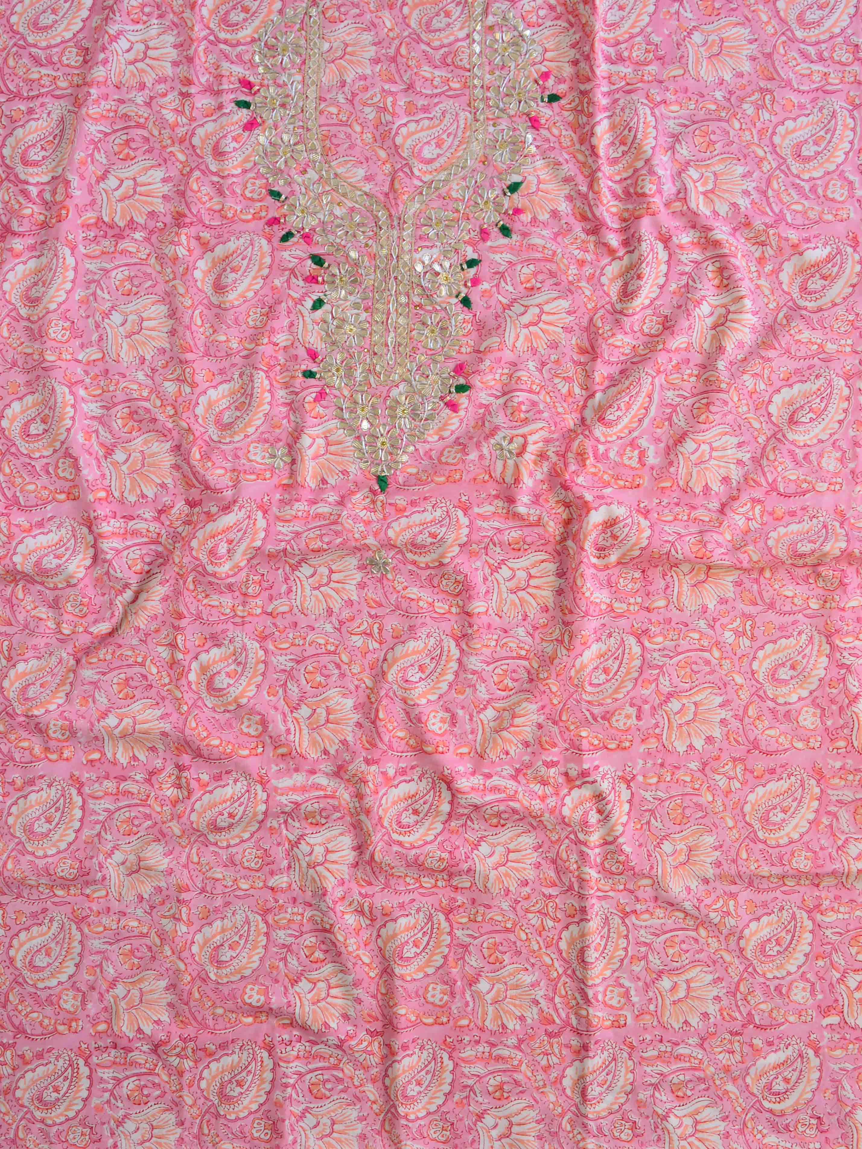 Pure Handloom Mul Cotton Bagru Block Print Gotapatti Suit Set-Pink & White