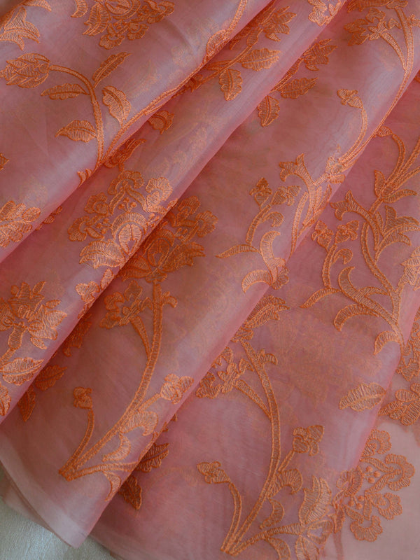 Banarasee Handwoven Organza Silk Embroidered Saree With Contrast Silk Cotton Blouse-Peach & Maroon