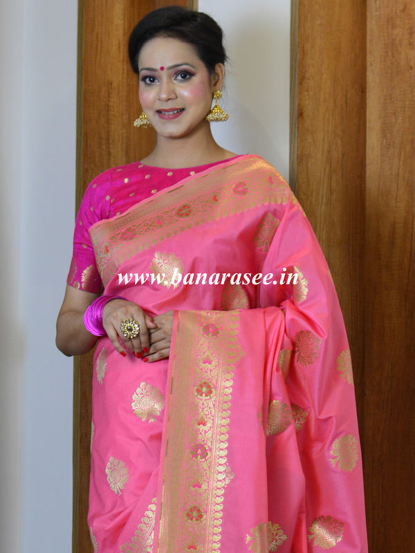 Banarasee Pure Silk Saree With Buta Design-Pink
