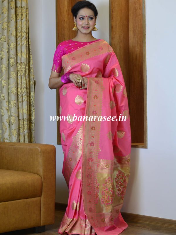 Banarasee Pure Silk Saree With Buta Design-Pink