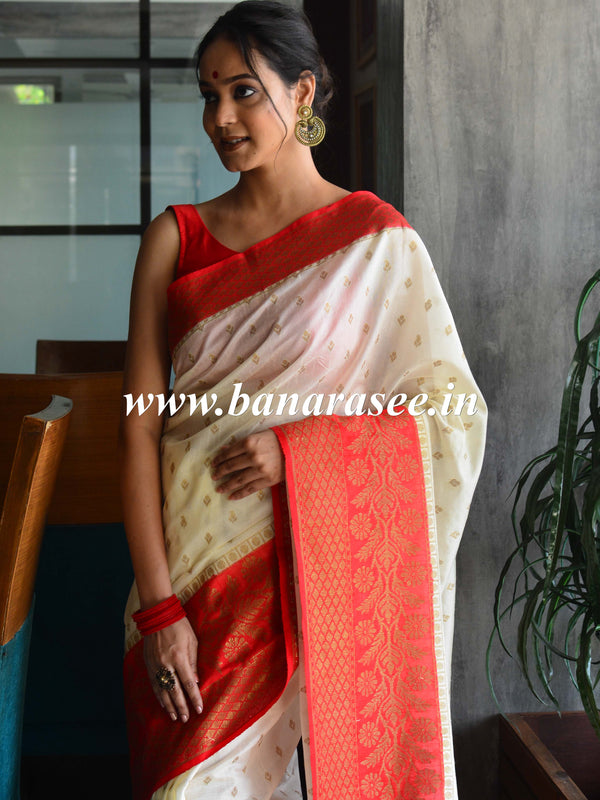 Banarasee Handwoven Semi Silk Saree With Contrast Border-White & Red