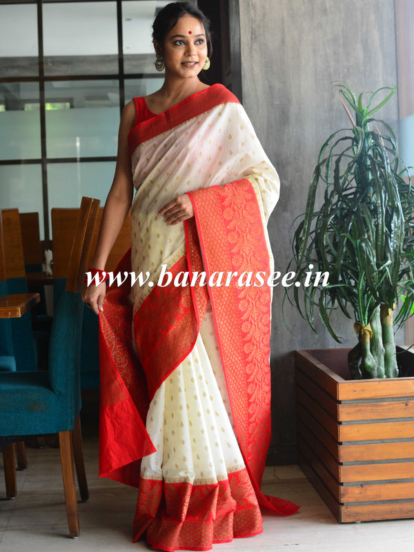 Banarasee Handwoven Semi Silk Saree With Contrast Border-White & Red