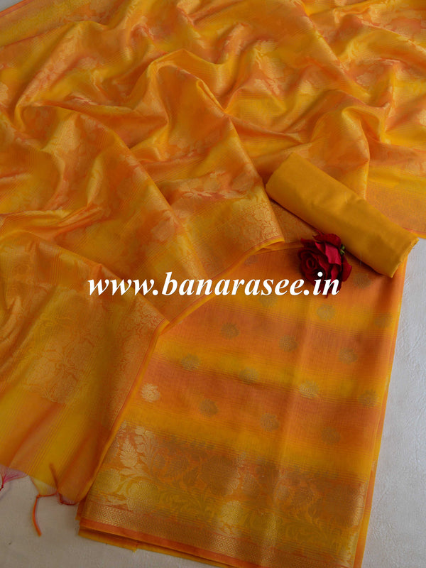 Banarasee Chanderi Cotton Stripes Salwar Kameez Fabric With Dupatta-Yellow