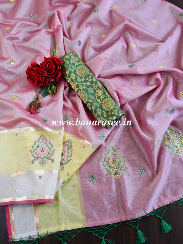 Banarasee Chanderi Cotton Hand-Embroidered Saree-Pink