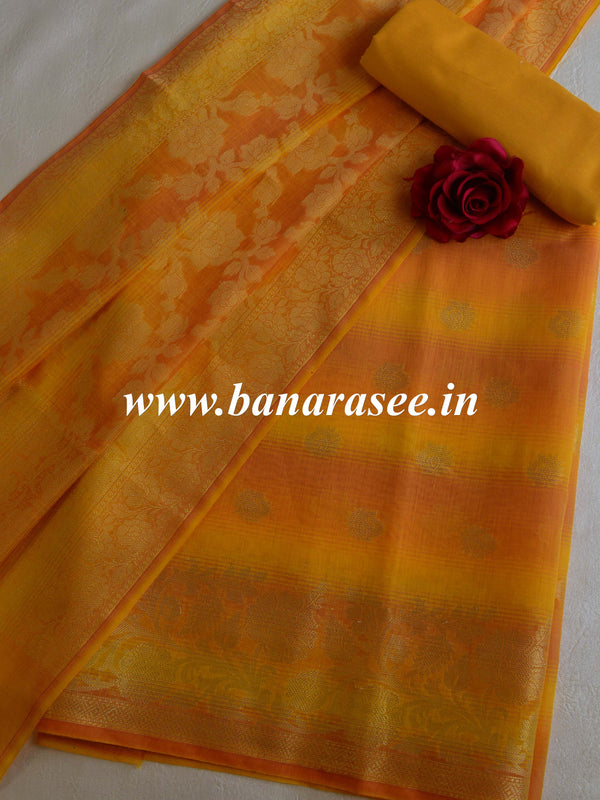 Banarasee Chanderi Cotton Stripes Salwar Kameez Fabric With Dupatta-Yellow