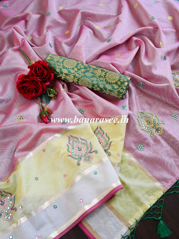 Banarasee Chanderi Cotton Hand-Embroidered Saree-Pink