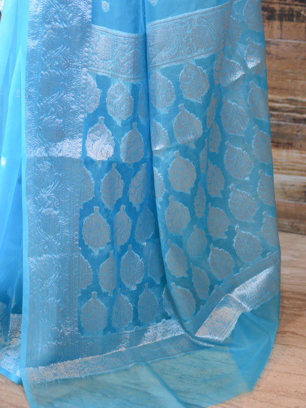 Banarasee Organza Mix Saree With Silver Zari-Sky Blue