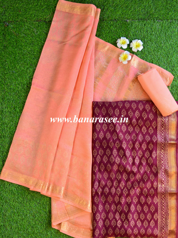 Maheshwari Silk Salwar Kameez Fabric & Dupatta With Bagru Hand-Print-Peach & wine