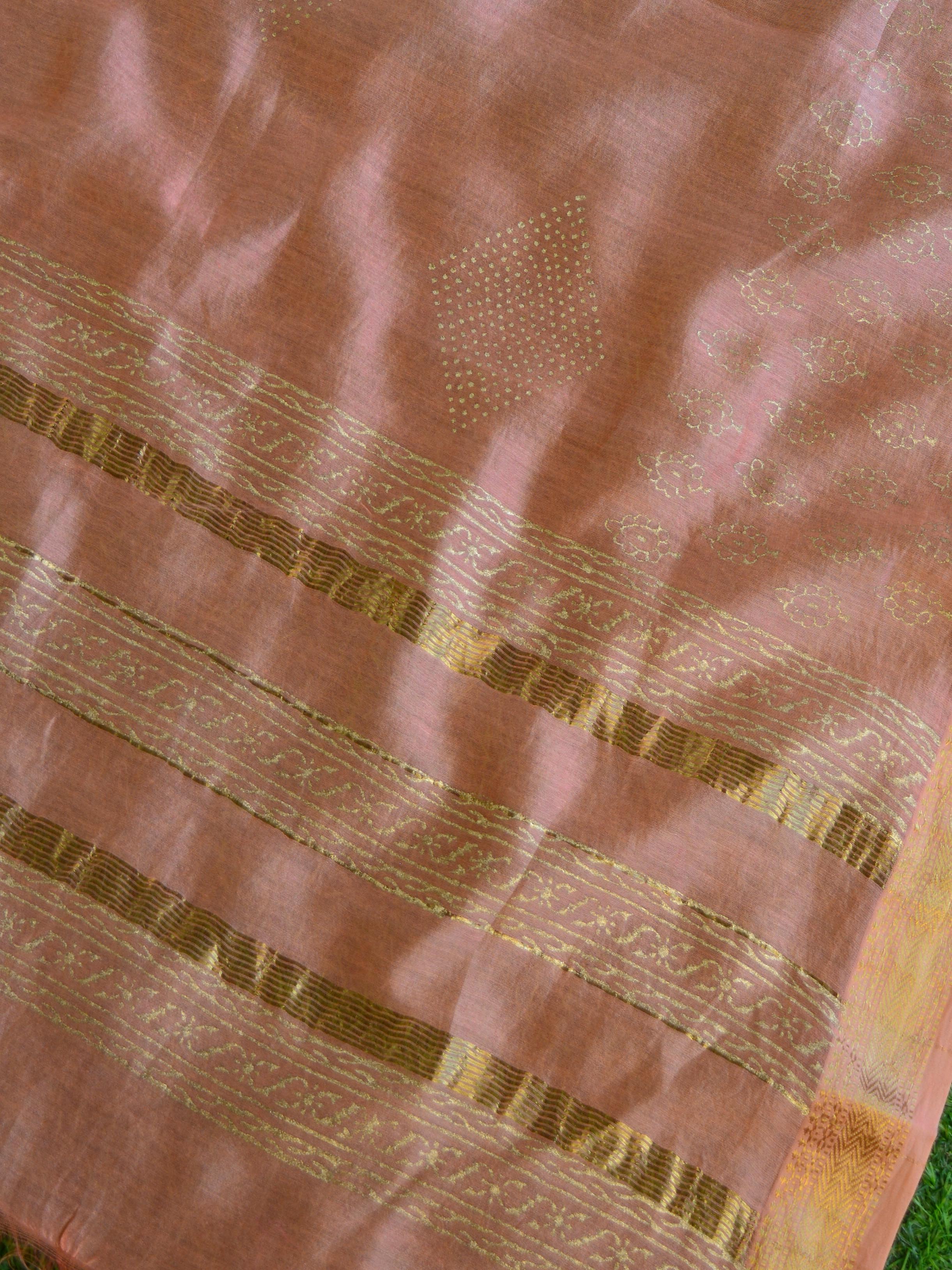 Maheshwari Silk Salwar Kameez Fabric & Dupatta With Bagru Hand-Print-Peach & wine