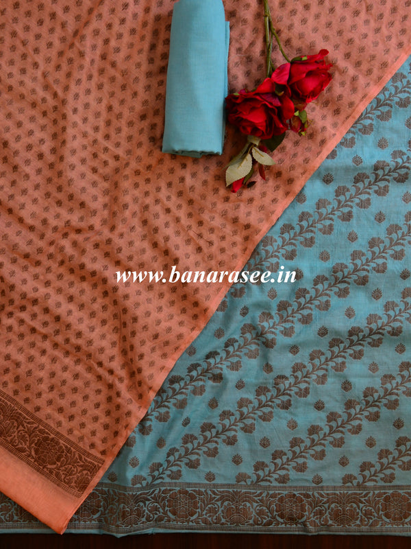 Banarasee Cotton Mix Ghichha Work Salwar Kameez Fabric With Dupatta-Blue & Peach